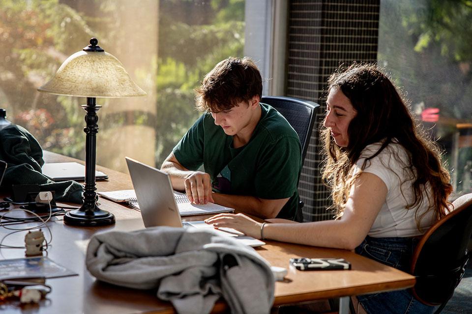 Two students study at a table in the library.